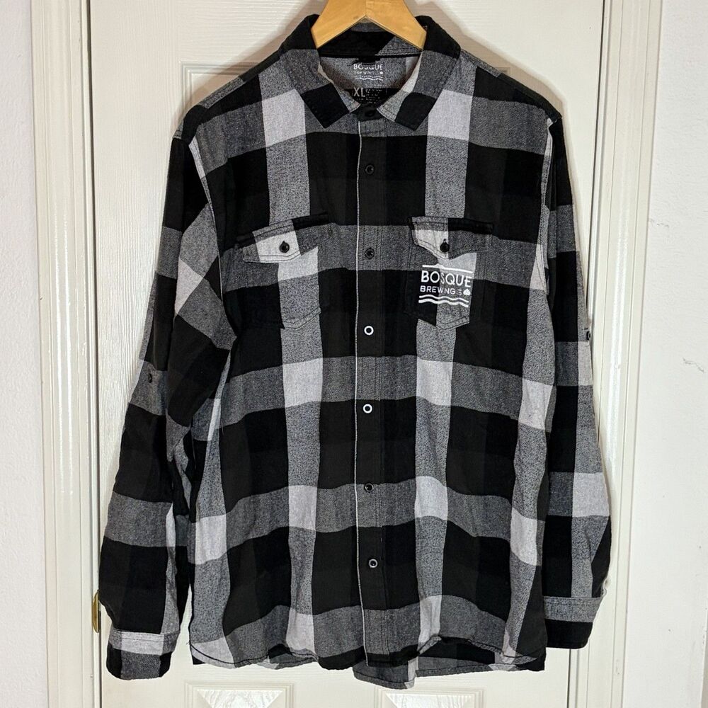 Bosque Brewery Plaid Black & White Long Sleeve Button Front Shirt Men’s XL